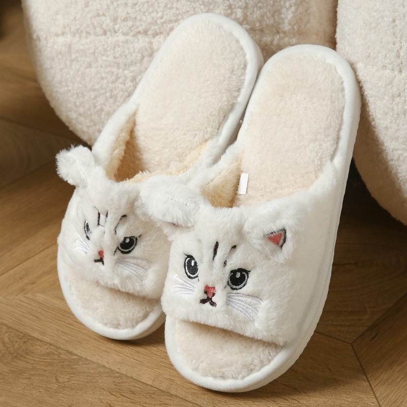 Women Shoes Winter - Cute Cat Plush Flip Flops For
